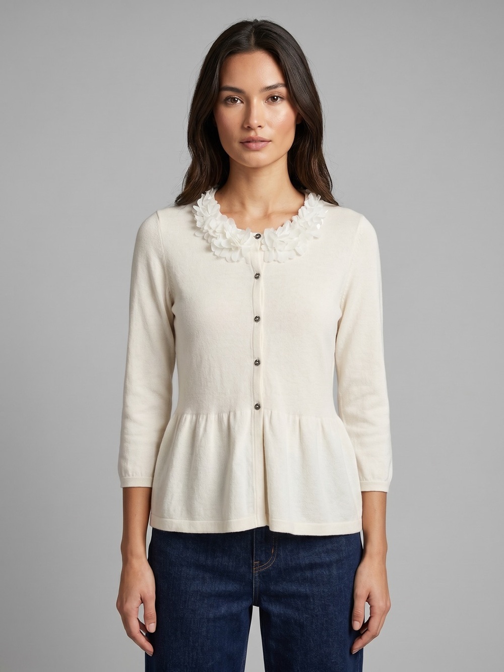 Boden NWT Ivory Embellished Petal Collar Knit Cardigan US 8